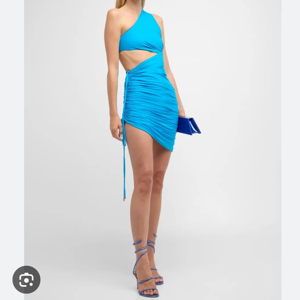 Sergio Hudson One-Shoulder Cutout Drawstring Ruched Mini Dress